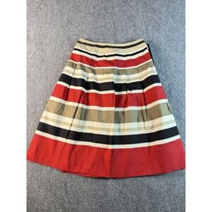 Talbots Womens Size 6 Striped Pleated Midi Skirt Red Black Tan Cotton Preppy